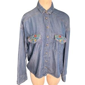 The Kooples Jeans Shirt Women S Blue Embroidered Bird Lyocell Snap Front Western